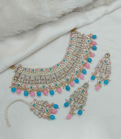 Joban Fashion Pink-Blue Stone With Pearl Work Necklace Set