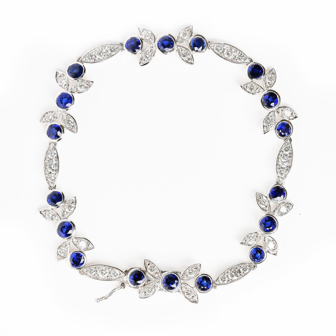 18K White Gold 1 3/4 Cttw Diamond and 3x3mm Round Blue Sapphire Gemstone Floral Link Bracelet (G-H Color, SI1-SI2 Clarity) - Size 7" by Bids.com