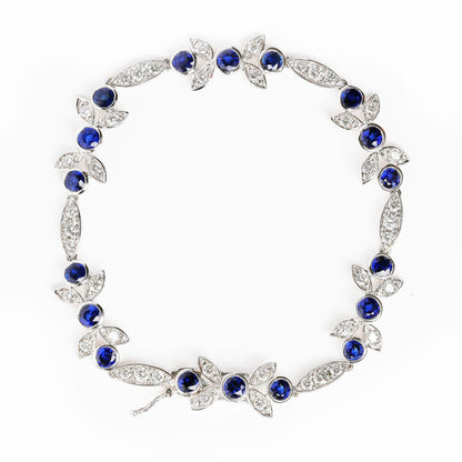 18K White Gold 1 3/4 Cttw Diamond and 3x3mm Round Blue Sapphire Gemstone Floral Link Bracelet (G-H Color, SI1-SI2 Clarity) - Size 7" 