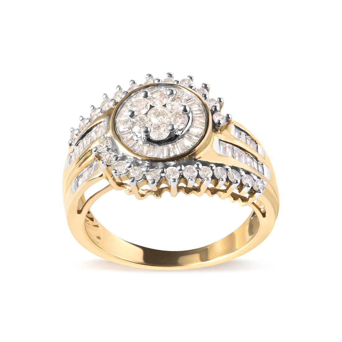 10K Yellow Gold 1 Cttw Round and Baguette cut Diamond Cluster Swirl Band Ring (H-I Color, I1-I2 Clarity) - Ring Size 7 by Bids.com