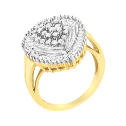 10K Yellow Gold 1.0 Cttw Round and Baguette Cut Diamond Oval Shaped Cluster Ring (I-J Color, I1-I2 Clarity) - Size 7 by Bids.com