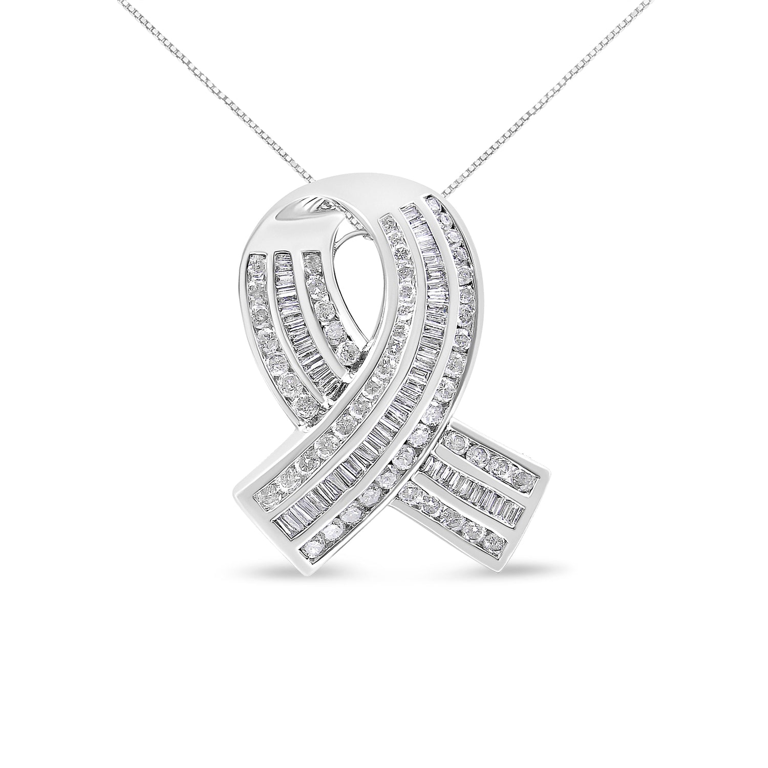 14K White Gold 2 5/8 Cttw Channel Set Round and Baguette Diamond Awareness Ribbon Pendant (H-I Color, I1-I2 Clarity) - Chain Not Included by Bids.com