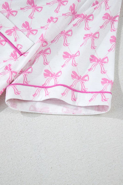 Women's Pink Bow Print Pajama Set - Short Sleeve Top & Ruffled Shorts