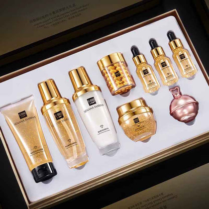 Women 24K Gold Skin Care Set 9PCS with Box Face Toner Essence Cream Nicotinamide Anti-Aging Wrinkles Serum Facial Cleanser Kit