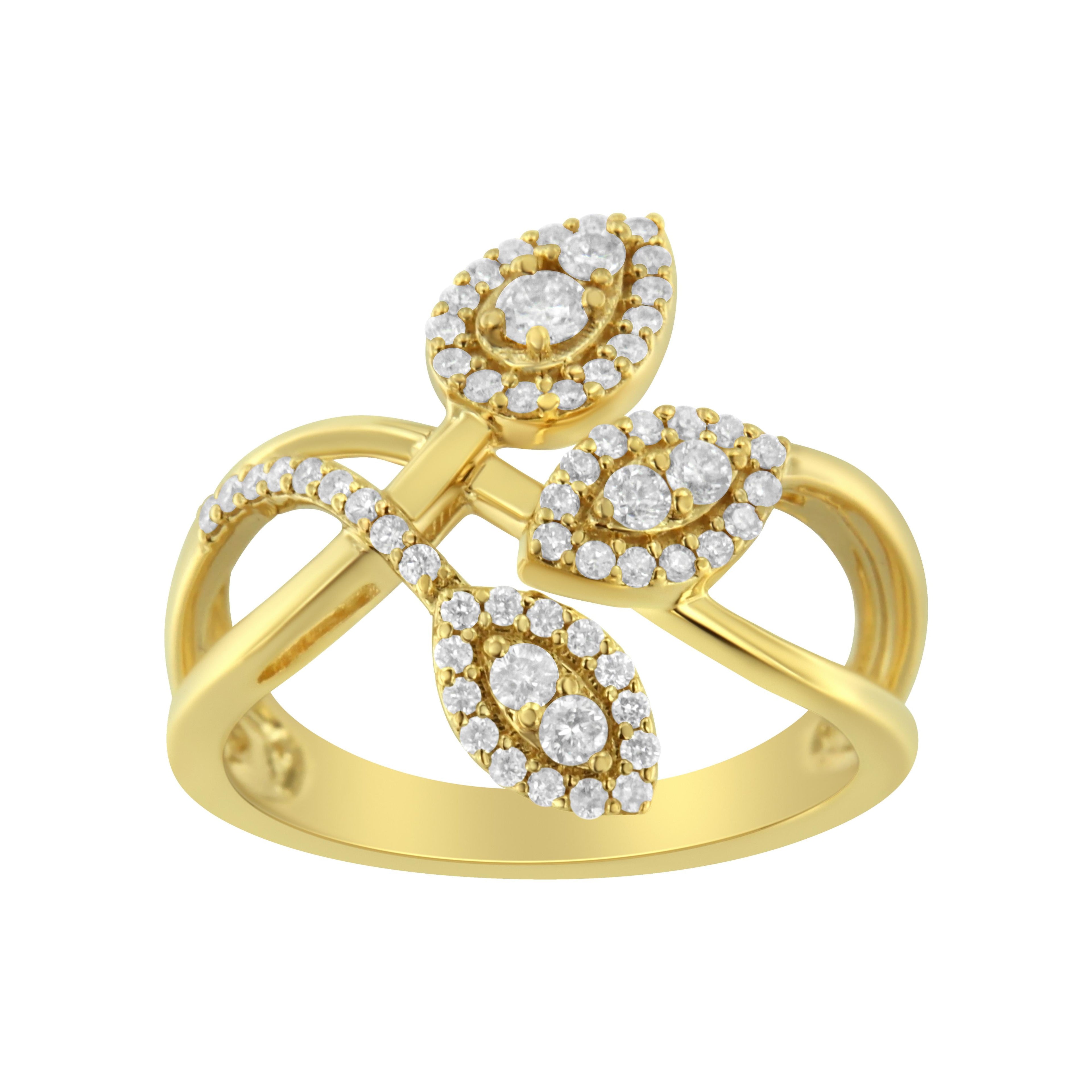 10K Yellow Gold 1/2 Cttw Round-Cut Diamond Layered Crossover Triple Leaf Bypass Ring (I-J Color, I1-I2 Clarity) - Size 7 by Bids.com