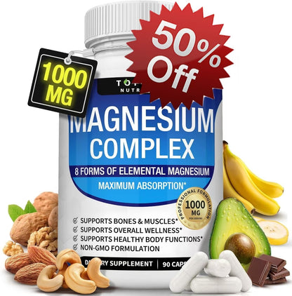 Magnesium Complex Supplement 8 Elemental 1000mg - Magnesium Glycinate, Citrate, Malate, Taurate, Chelated for Easy Absorption for Bones, Muscle, Recovery, Energy, Vegan Non-GMO 90 Capsules by VAH