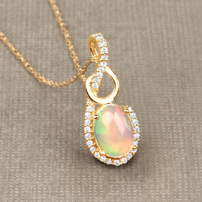 0.56 Carat Genuine Ethiopian Opal and White Diamond 14K Yellow Gold Pendant  DestGlow