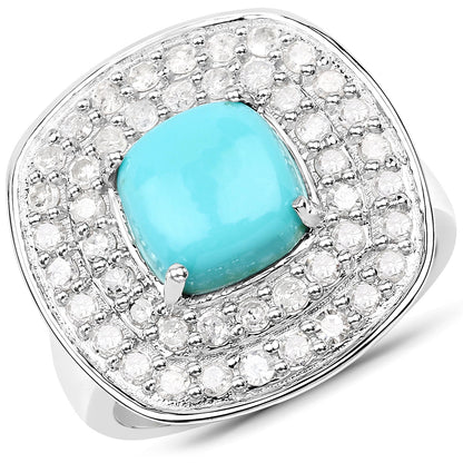 2.80 Carat Genuine Turquoise and White Diamond .925 Sterling Silver Ring by Bids.com
