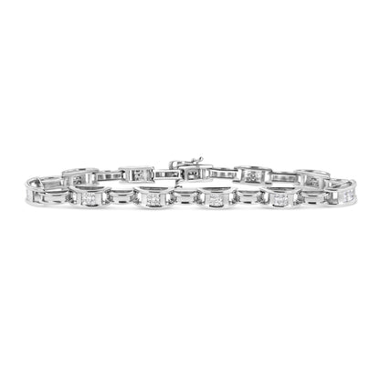 14K White Gold 1.0 Cttw Invisible Set Princess Diamond Alternating Link Tennis Bracelet (I-J Color, I1-I2 Clarity) - 7.25" by Bids.com
