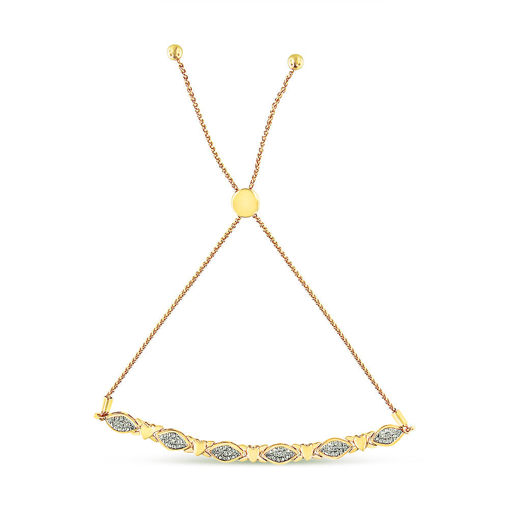14K Yellow Gold Plated .925 Sterling Silver Diamond Accent Alternating Marquise Shape and Heart Links Bolo Bracelet (I-J Color, I3 Clarity) - Adjustable 6" to 9" by Bids.com