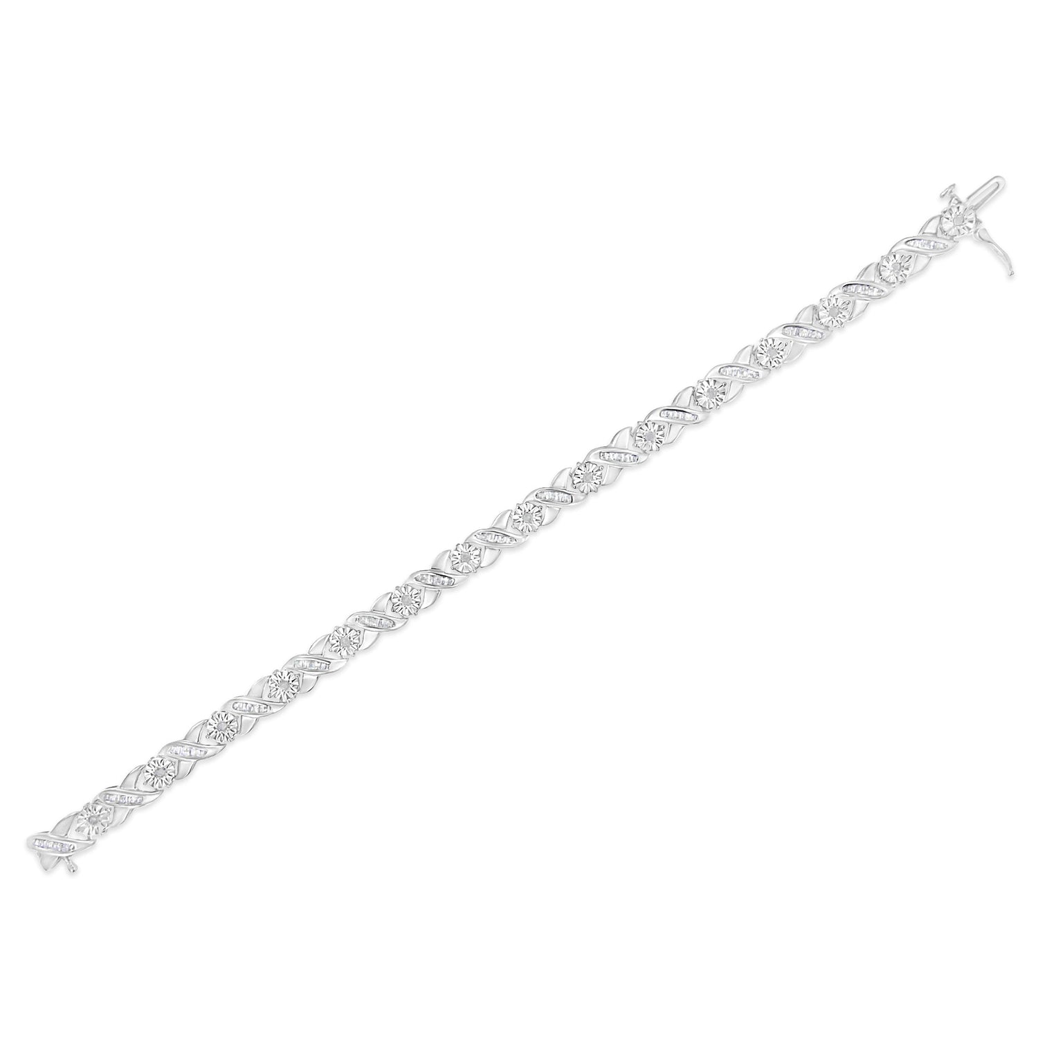 .925 Sterling Silver 1.0 Cttw Round-Brilliant and Baguette Cut Diamond Miracle-Set X-Link 7" Tennis Bracelet (I-J Color, I2-I3 Clarity) by Bids.com