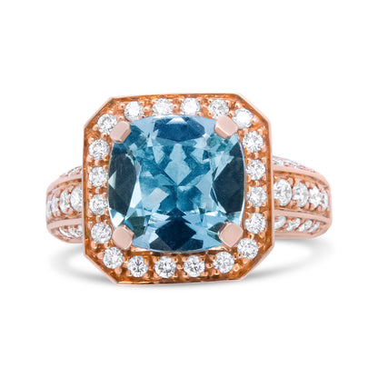 18K Rose Gold 10x10mm Cushion Shaped Aquamarine and 1 1/8 Cttw Round Diamond Halo Ring (F-G Color, VS1-VS2 Clarity) - Ring Size 6.5 by Bids.com