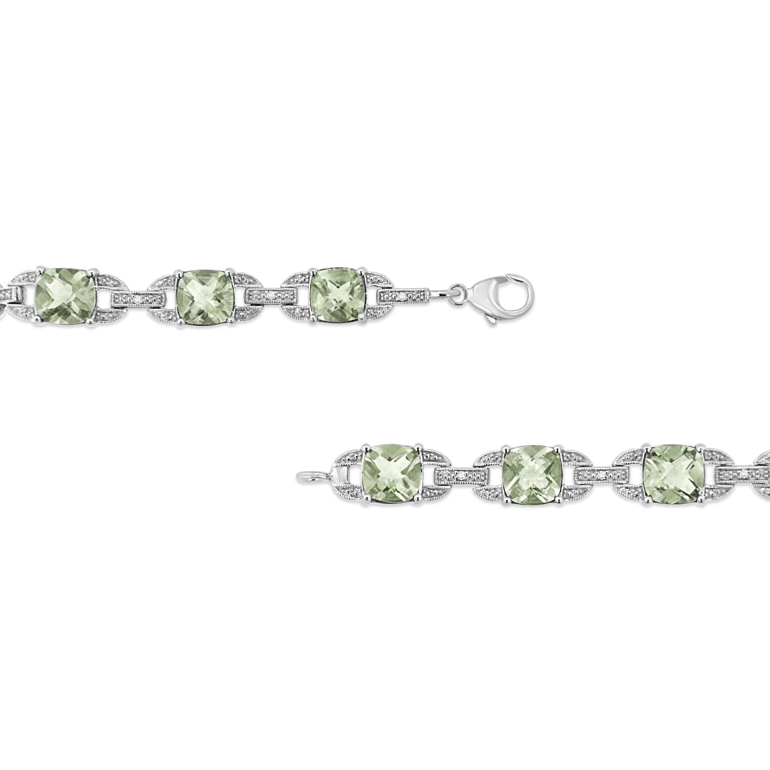 .925 Sterling Silver 7x7 mm Cushion Cut Green Amethyst and 1/20 cttw Round Cut Diamond Fashion Tennis Bracelet (I-J Color, I1-I2 Clarity) - 7"  DestGlow