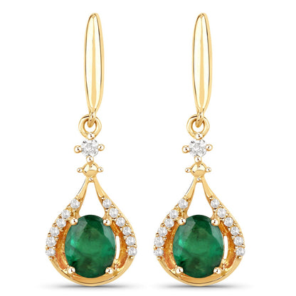 0.70 Carat Genuine Zambian Emerald and White Diamond 14K Yellow Gold Earrings  DestGlow