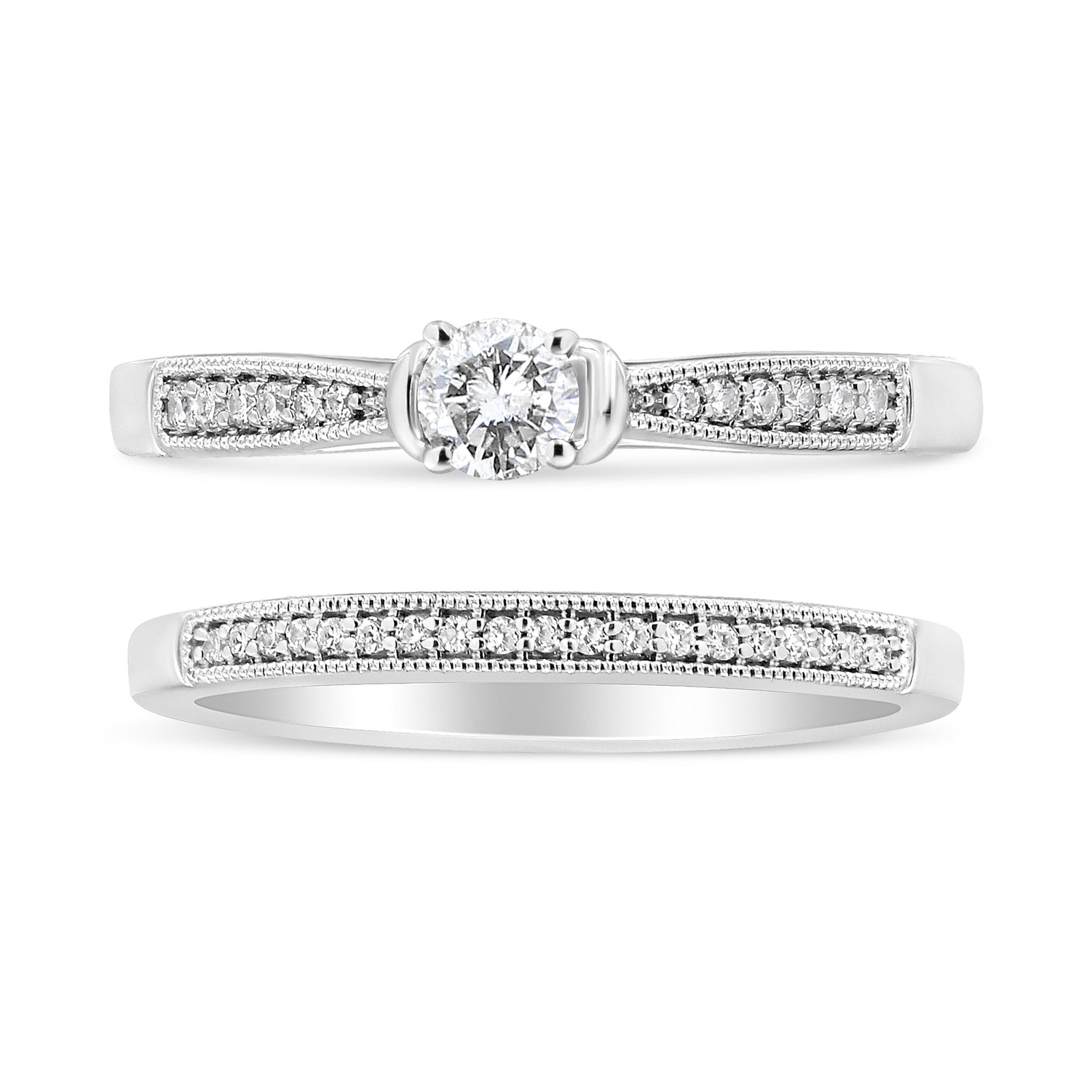 .925 Sterling Silver 1/3 Cttw Diamond Classic Engagement Ring Bridal Set with Milgrain (I-J Color, I3 Clarity) - Ring Size 7 by Bids.com