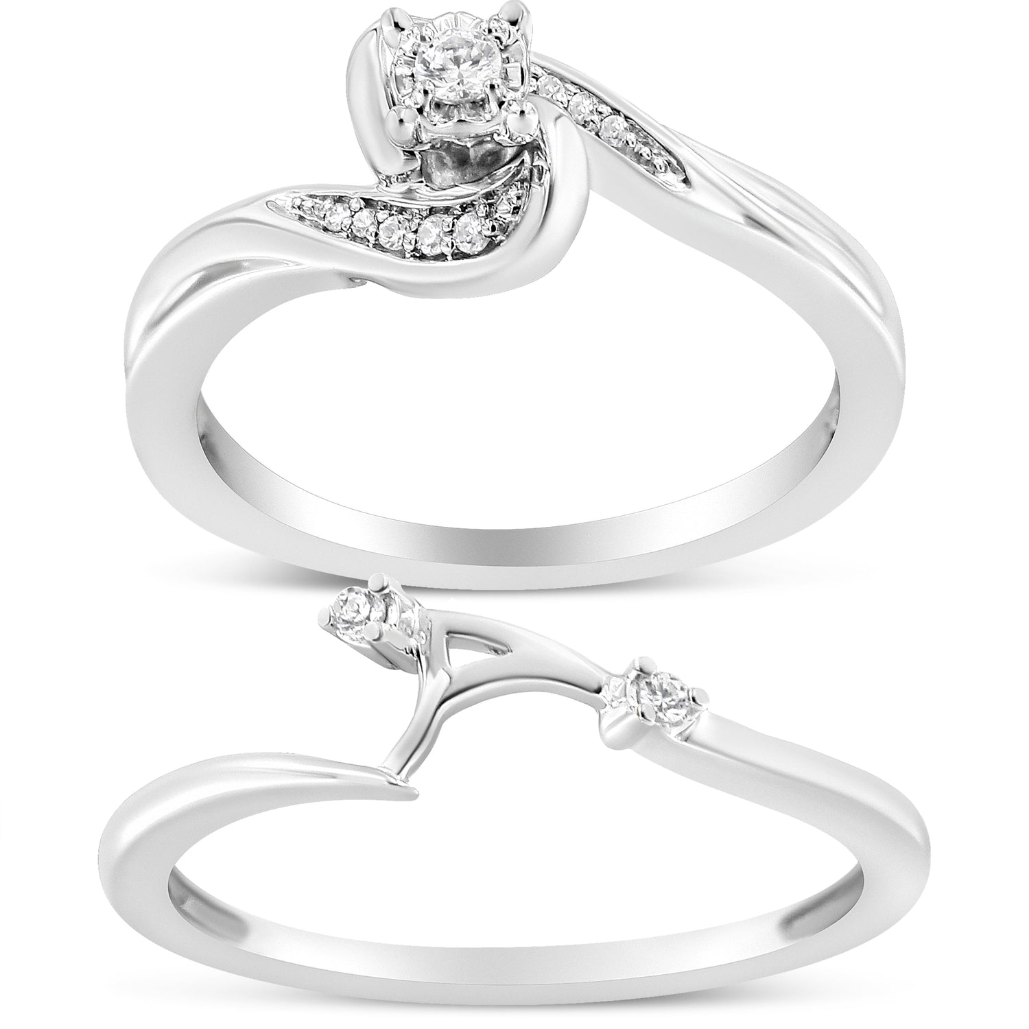 .925 Sterling Silver 1/10 Cttw Diamond Swirl and Bypass Bridal Set Ring and Band (I-J Color, I3 Clarity) - Size 7 by Bids.com