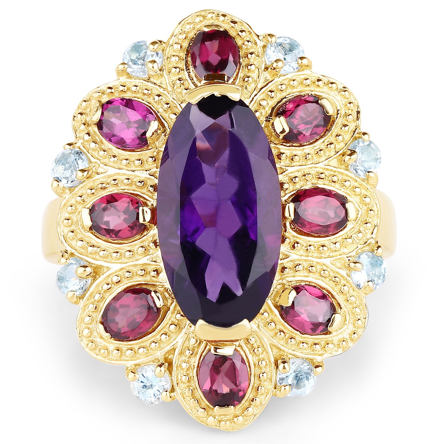 14K Yellow Gold Plated 6.80 Carat Genuine Amethyst, Rhodolite &amp; Blue Topaz .925 Sterling Silver Ring by Bids.com