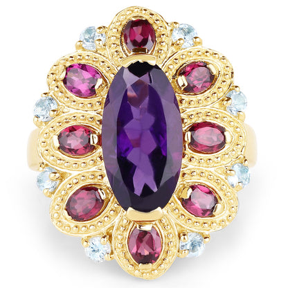 14K Yellow Gold Plated 6.80 Carat Genuine Amethyst, Rhodolite &amp; Blue Topaz .925 Sterling Silver Ring by Bids.com
