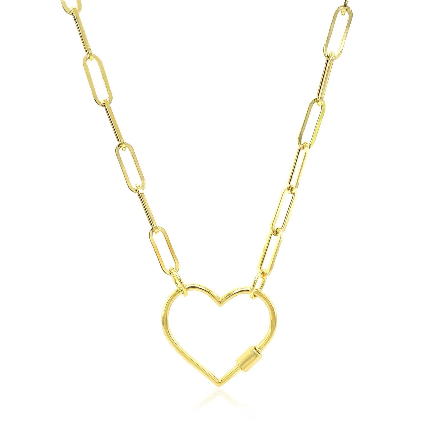 14k Yellow Gold Paperclip Chain Necklace with Heart Carabiner Clasp by Bids.com