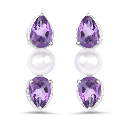 2.78 Carat Genuine Amethyst and Pearl .925 Sterling Silver Earrings  DestGlow
