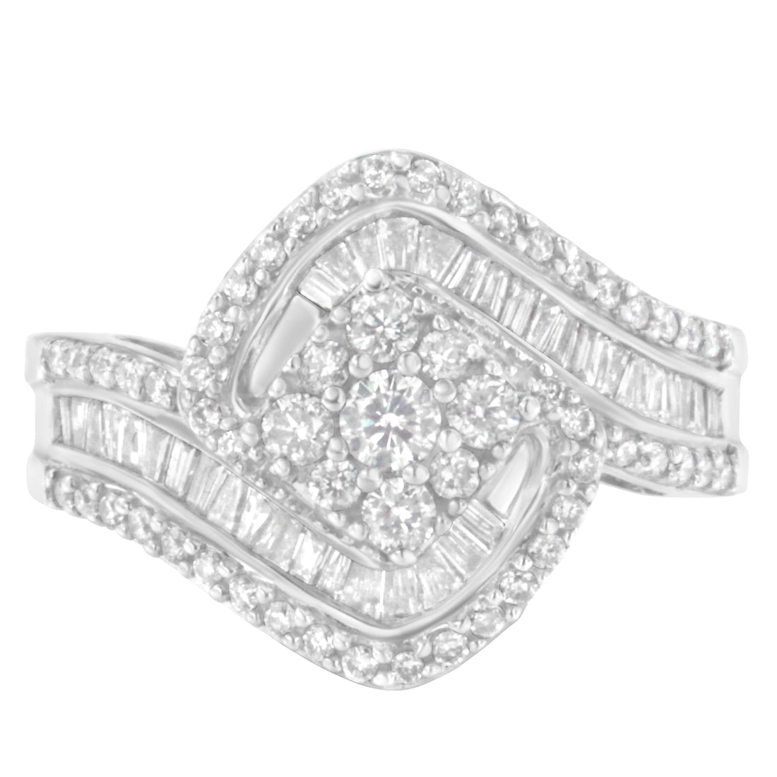 14K White Gold 1 Cttw Baguette and Round Diamond Floral Swirl Cluster Cocktail Ring by Bids.com