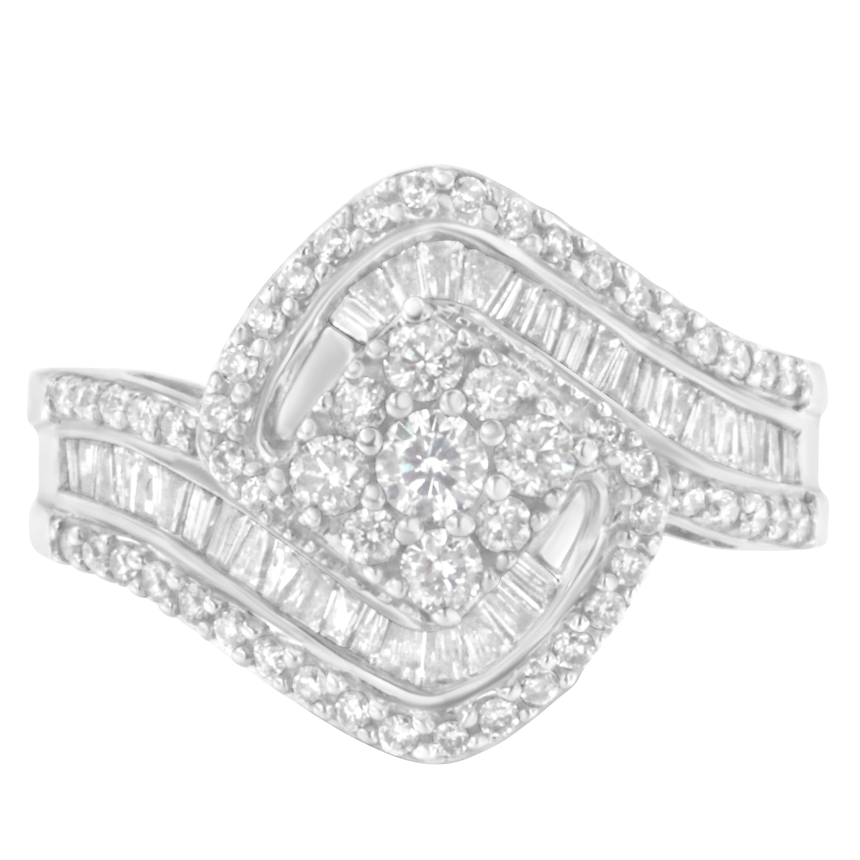 14K White Gold 1 Cttw Baguette and Round Diamond Floral Swirl Cluster Cocktail Ring by Bids.com