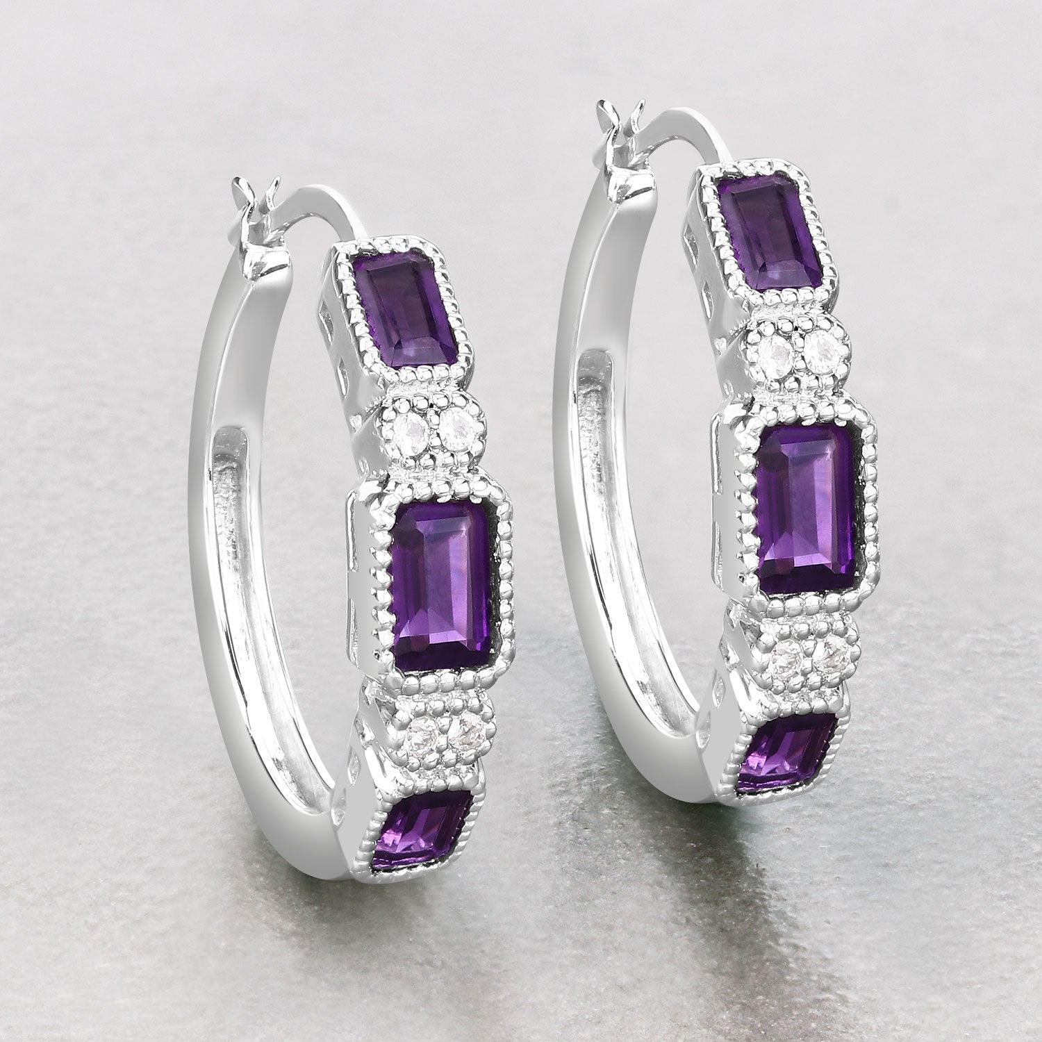 2.18 Carat Genuine Amethyst and White Topaz .925 Sterling Silver Earrings  DestGlow