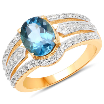 14K Yellow Gold Plated 2.30 Carat Genuine London Blue Topaz and White Topaz .925 Sterling Silver Ring by Bids.com