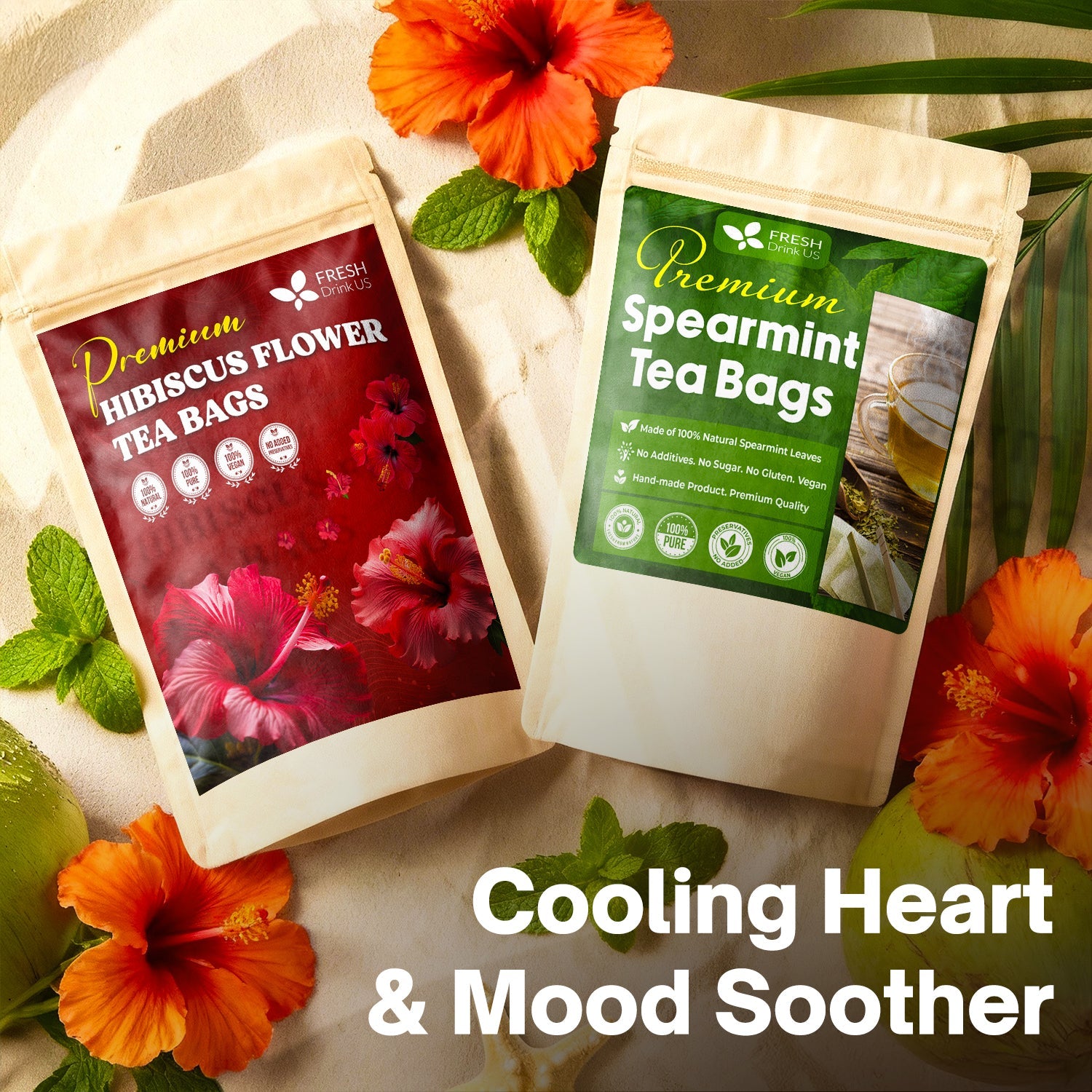 Cooling Heart &amp; Mood Soother Duo, Hibiscus Flower &amp; Spearmint Leaf Herbal Tea Bags, 100% Natural &amp; Pure Flowers and Leaves, No Sugar, No Caffeine, No Gluten, Vegan – Herbal Beverage by FreshDrinkUS - Natural and Premium Herbal Tea