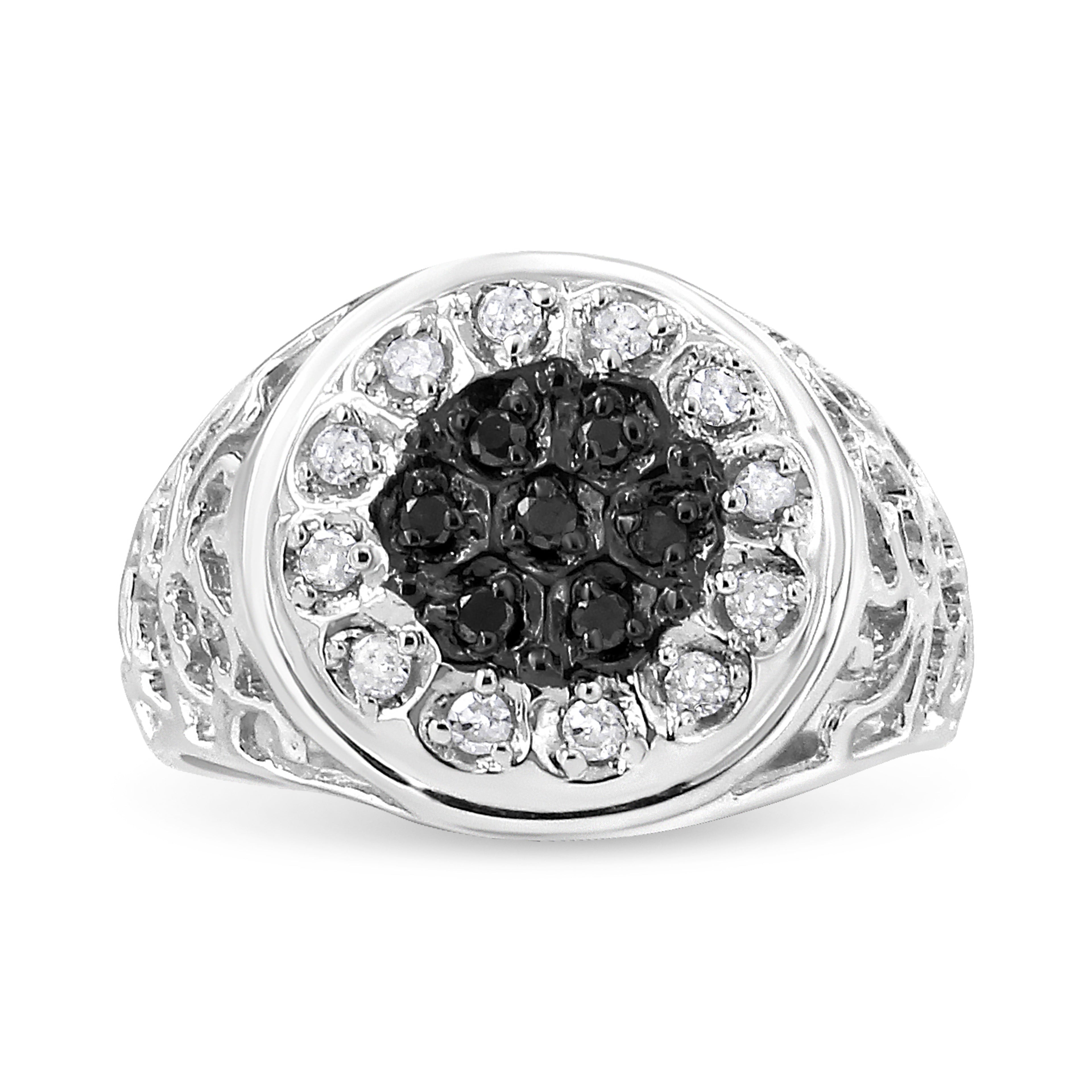 .925 Sterling Silver 1/4 Cttw White and Black Treated Diamond Halo Cluster Ring for Men (I-J Color, I3 Clarity) - Size 10 