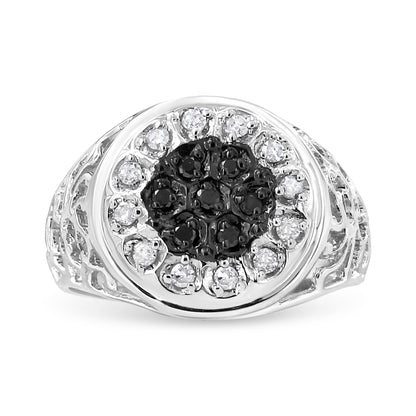 .925 Sterling Silver 1/4 Cttw White and Black Treated Diamond Halo Cluster Ring for Men (I-J Color, I3 Clarity) - Size 10 