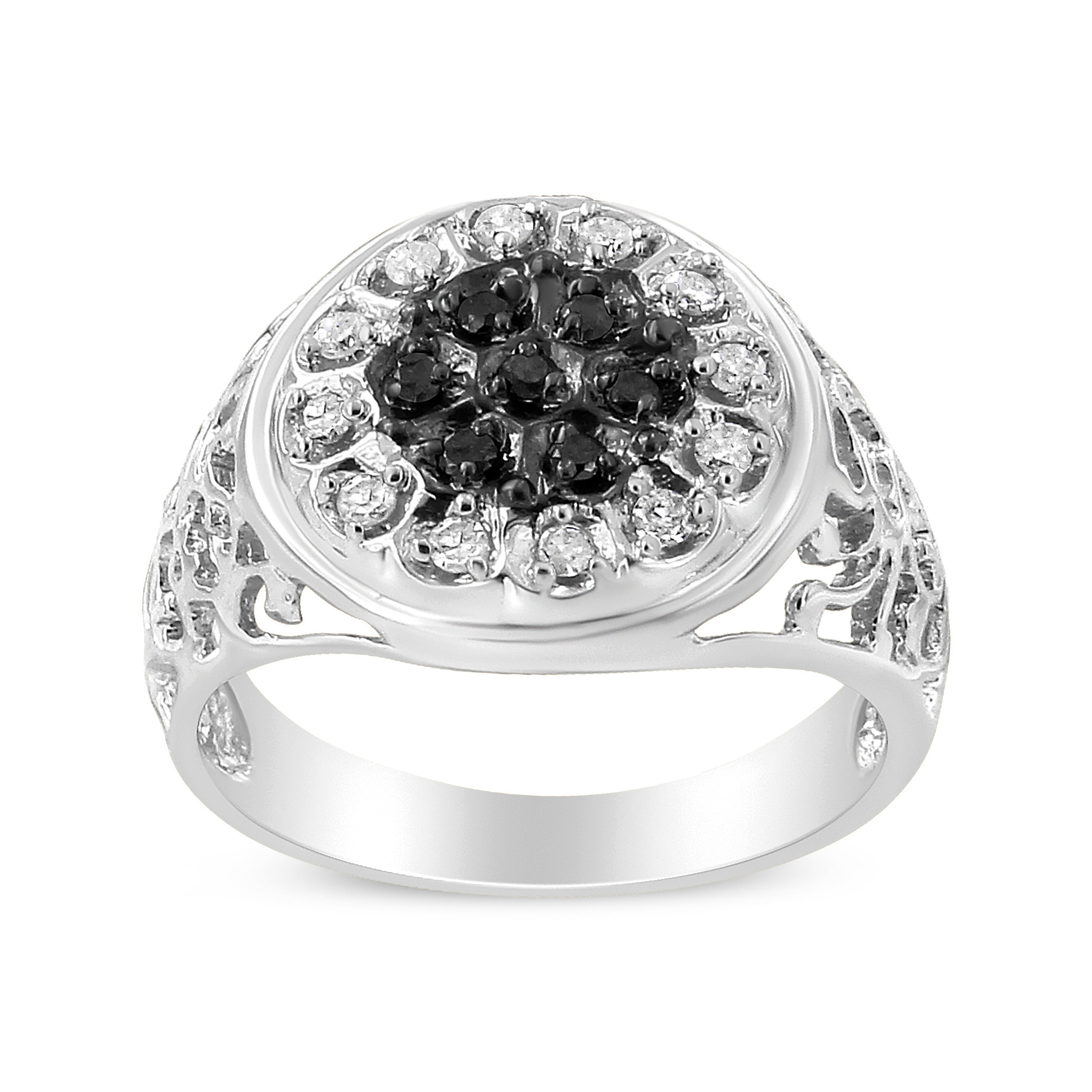 .925 Sterling Silver 1/4 Cttw White and Black Treated Diamond Halo Cluster Ring for Men (I-J Color, I3 Clarity) - Size 10 