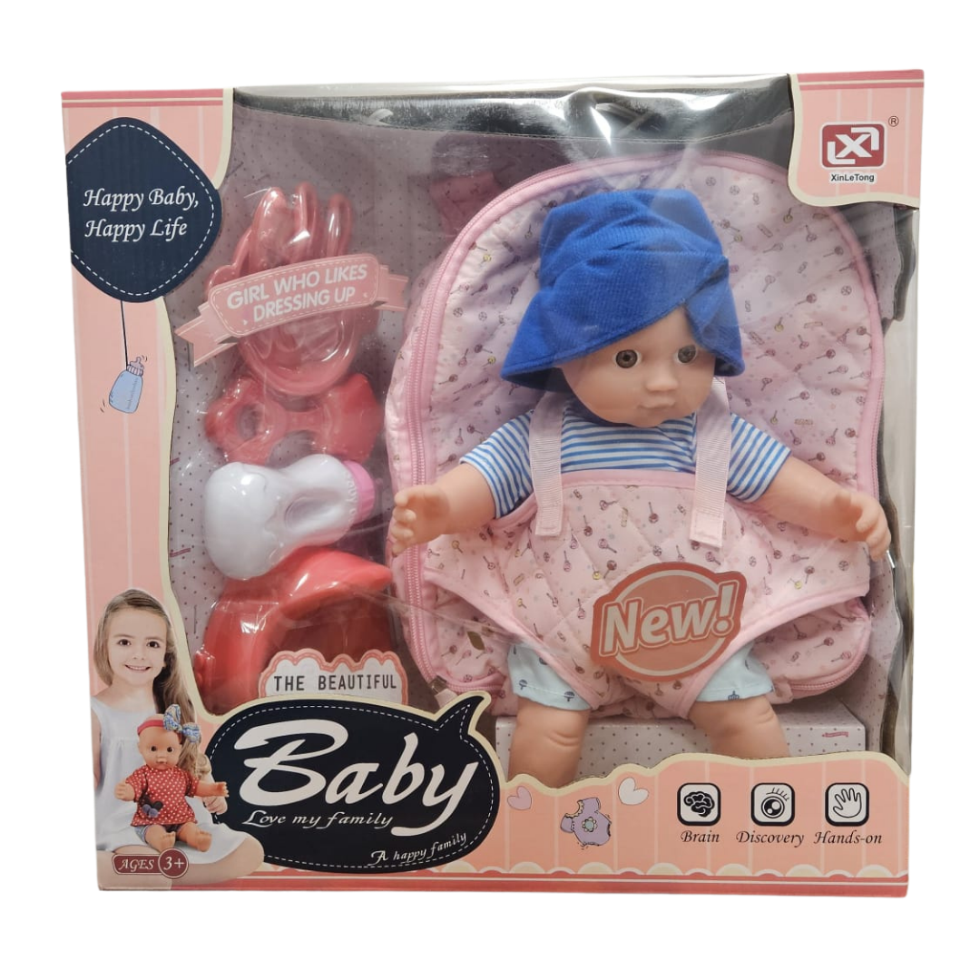 Soft Body Baby Boy Doll with Front Carrier &amp; Feeding Set (Blue) by Farmacias Savia