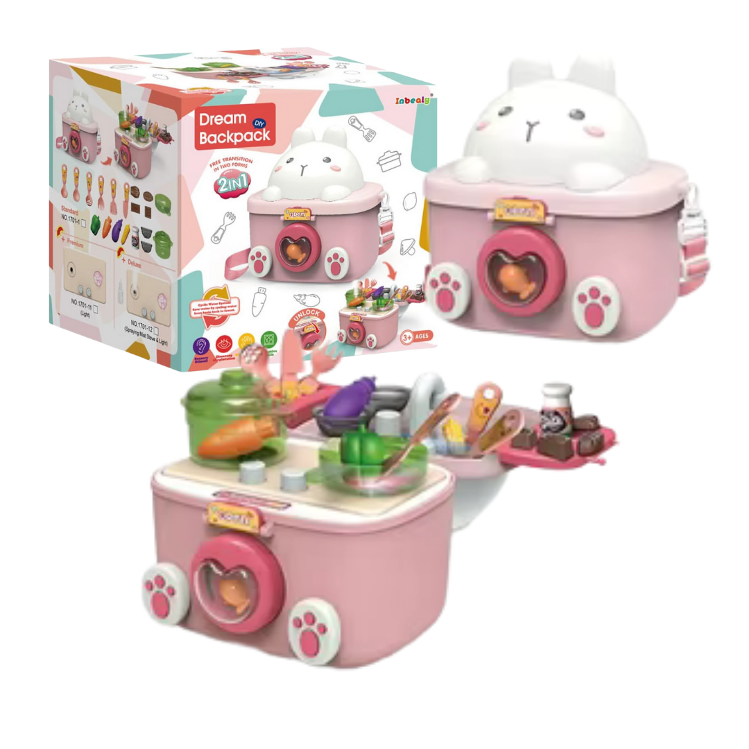 2-in-1 Bunny Backpack Kitchen Playset with Cookware (Pink) by Farmacias Savia