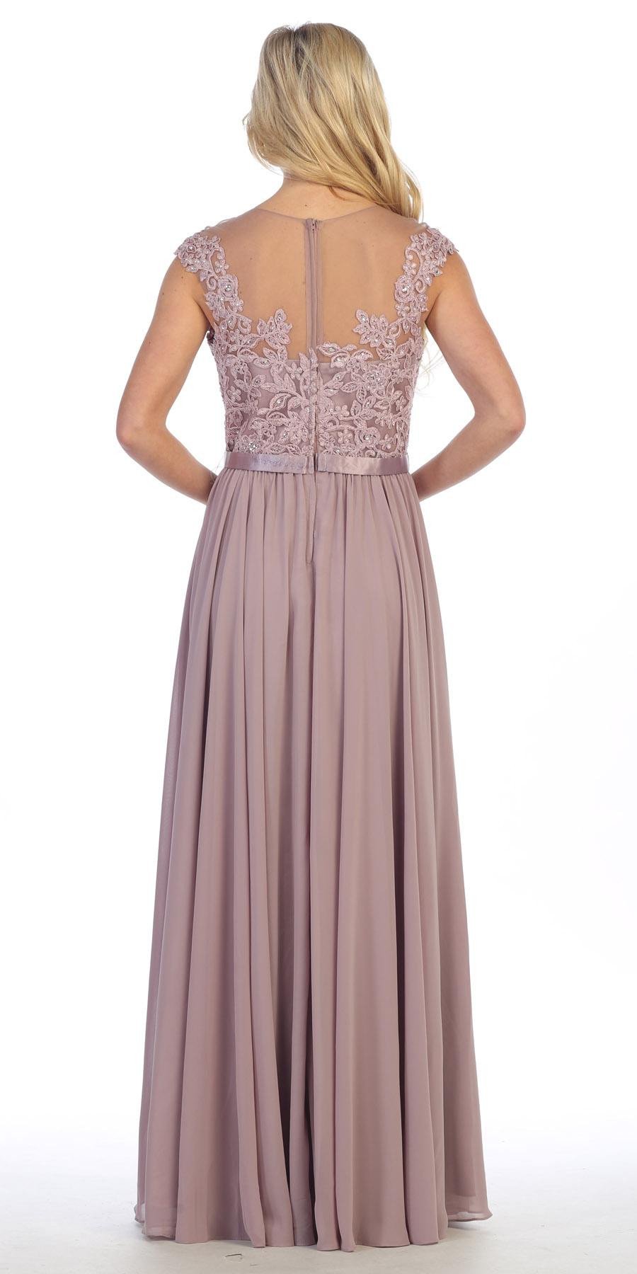 CLEARANCE - Floor Length A Line Mocha Evening Dress Cap Sleeve Chiffon (Size Large) by DiscountDressShop