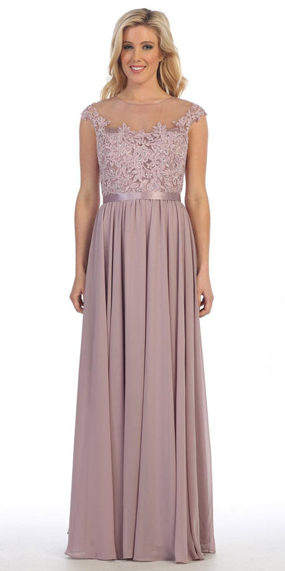 CLEARANCE - Floor Length A Line Mocha Evening Dress Cap Sleeve Chiffon (Size Large) by DiscountDressShop