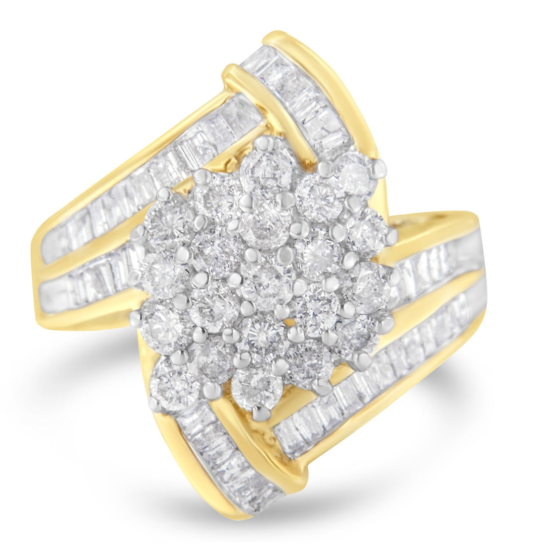 10K Yellow Gold Round and Baguette Diamond Crossover Cluster Ring (3 Cttw, I-J Color, I1-I2 Clarity) - Size 7-1/2 by Bids.com