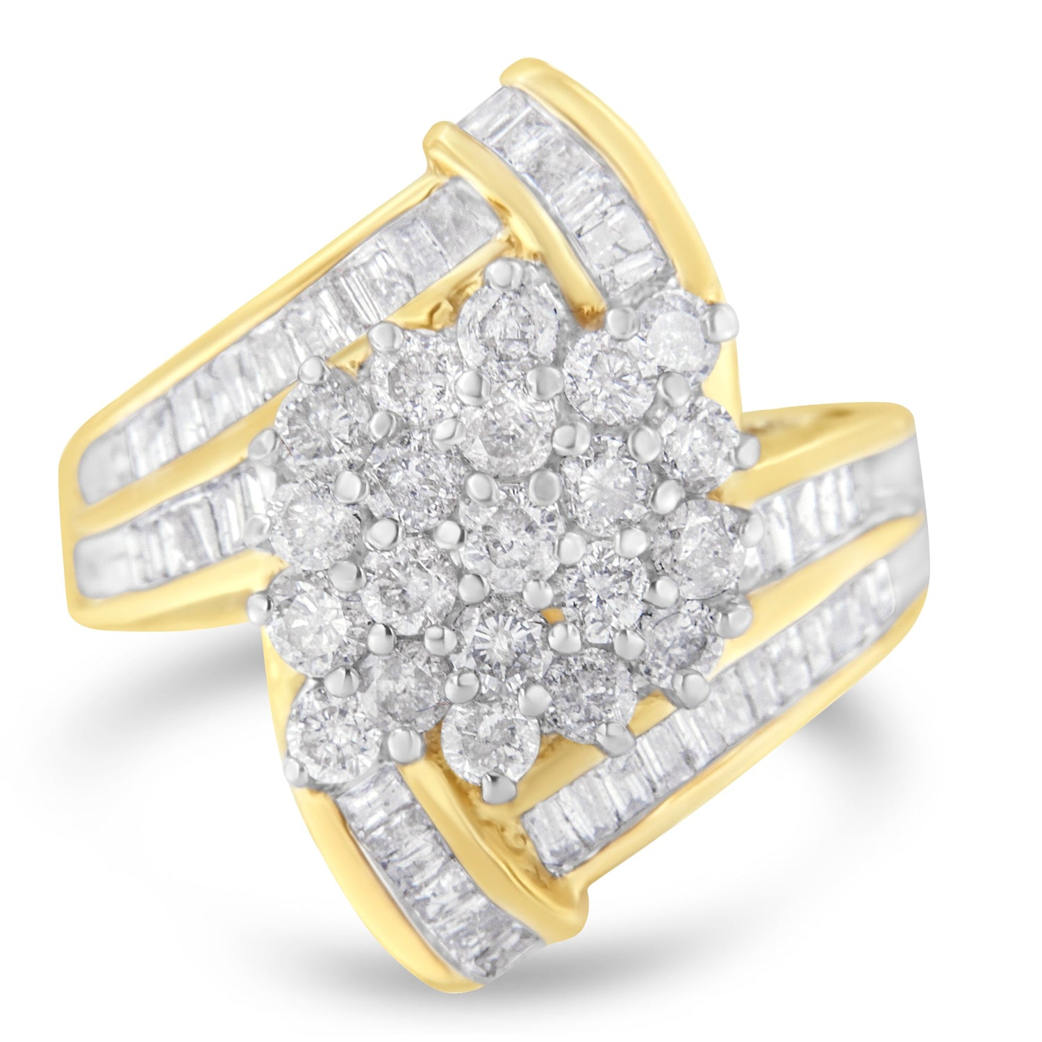 10K Yellow Gold Round and Baguette Diamond Crossover Cluster Ring (3 Cttw, I-J Color, I1-I2 Clarity) - Size 7-1/2 by Bids.com