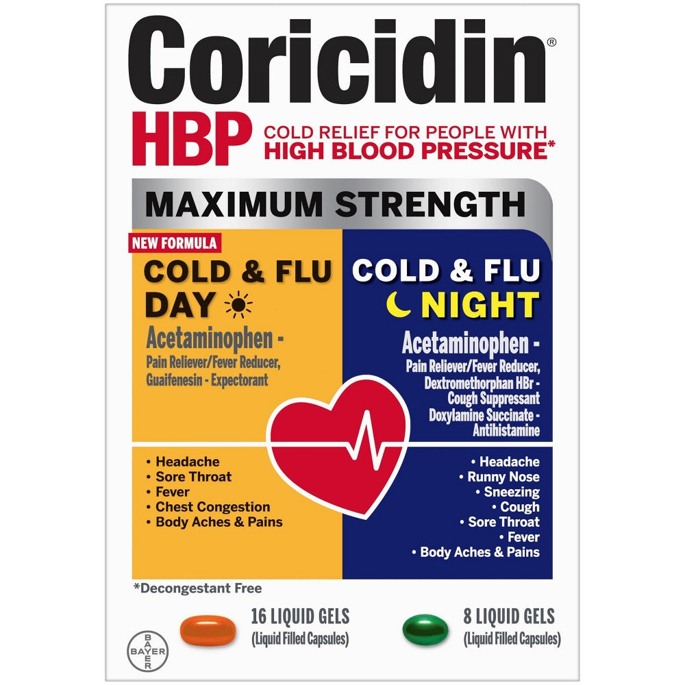 Coricidin HBP Maximum Strength Day/Night Cold &amp; Flu 24 Liquid Gels by Pasteur Pharmacy
