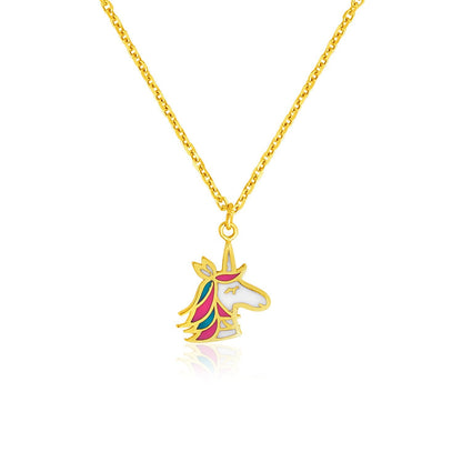 14k Yellow Gold Childrens Necklace with Enameled Unicorn Pendant by Bids.com