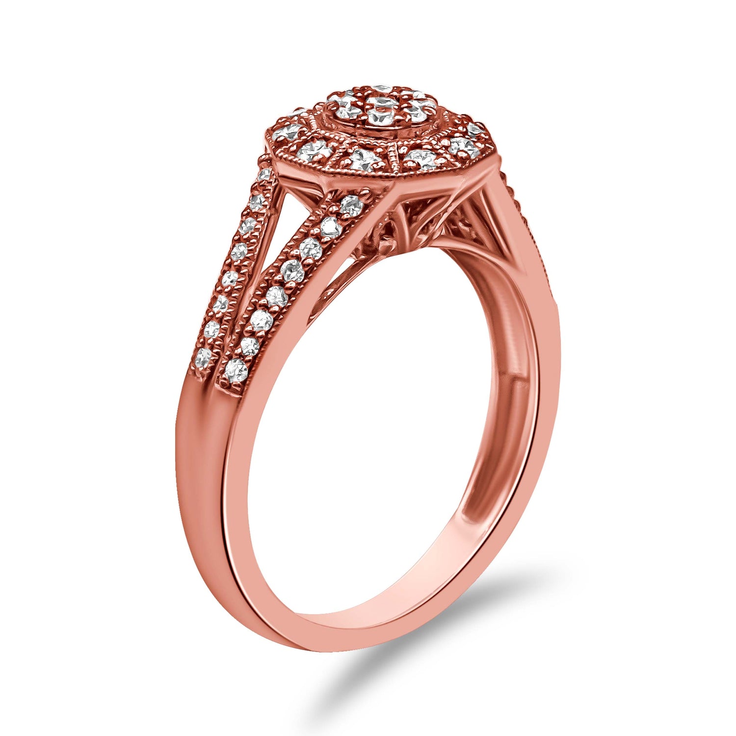 14K Rose Gold Plated .925 Sterling Silver 1/2 Cttw Pave Diamond Halo Cluster Split Shank Cocktail Ring (I-J Color, I1-I2 Clarity) - Size 6 by Bids.com