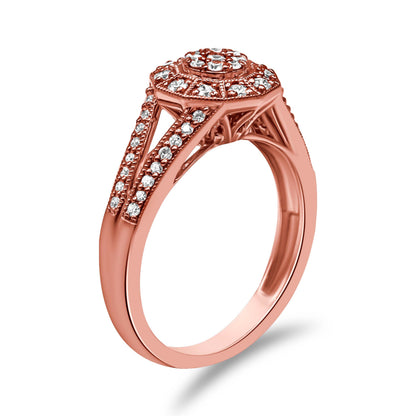 14K Rose Gold Plated .925 Sterling Silver 1/2 Cttw Pave Diamond Halo Cluster Split Shank Cocktail Ring (I-J Color, I1-I2 Clarity) - Size 6 by Bids.com