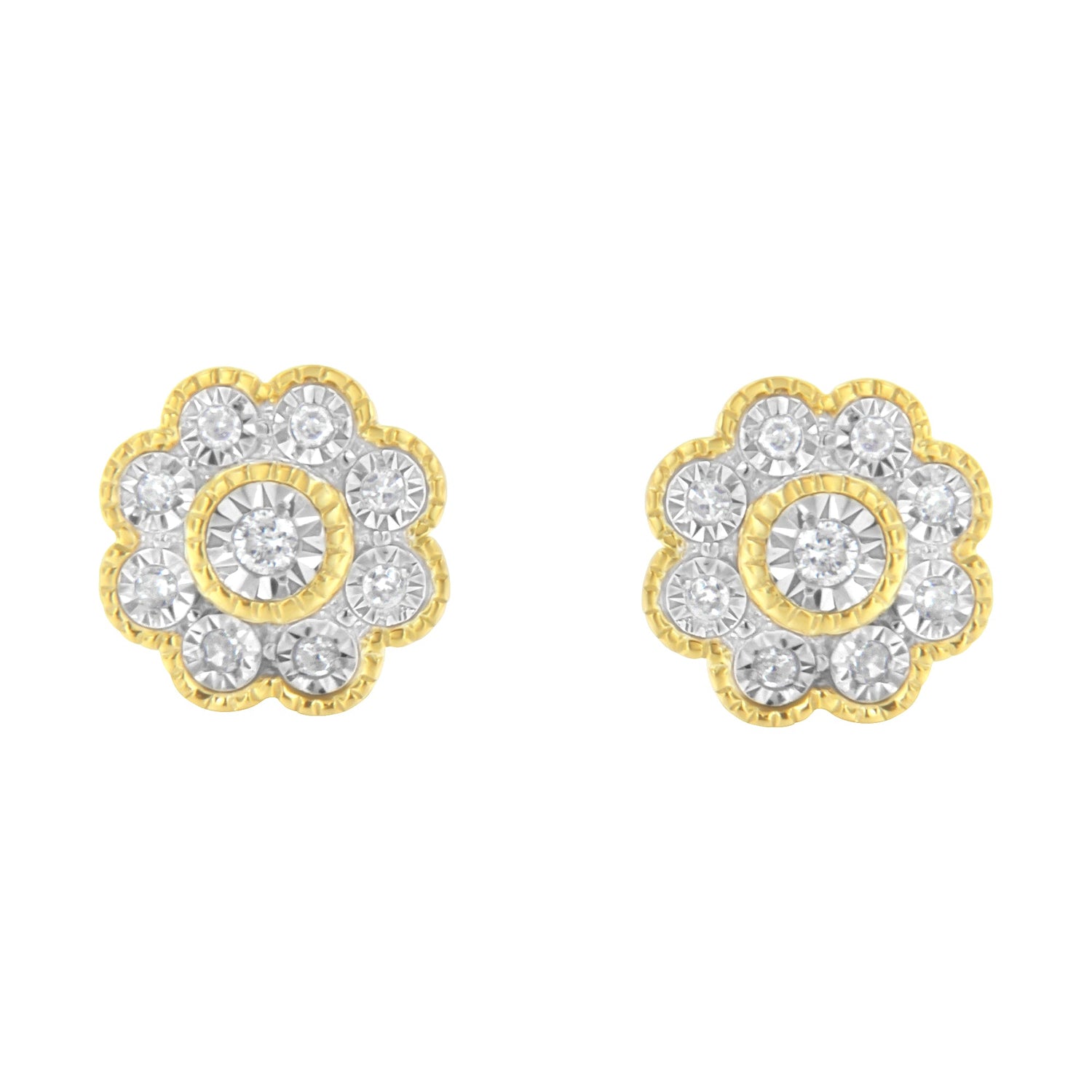 14K Yellow Gold Plated .925 Sterling Silver 1/6 Cttw Miracle-Plate Set Diamond Floral Stud Earrings (I-J Color, I2-I3 Clarity) by Bids.com