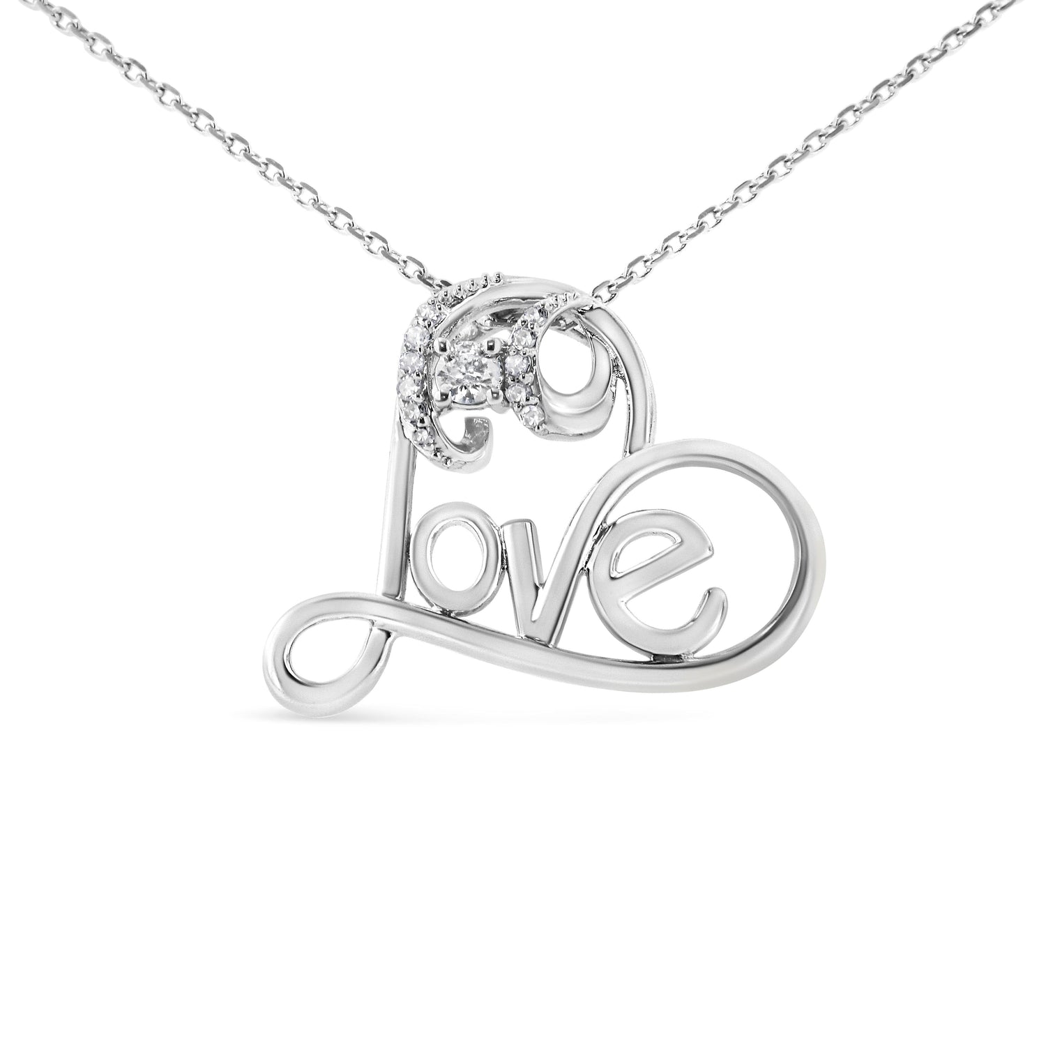 .925 Sterling Silver 1/10 Cttw Round Brilliant-Cut Diamond Accented Open Heart with Love 18" Pendant Necklace (H-I Color, I1-I2 Clarity) by Bids.com