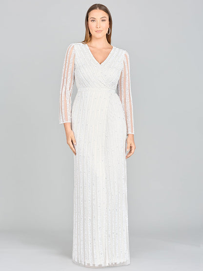 Lara Blair Long-Sleeve Beaded Surplice Sheath Gown by Lara New York