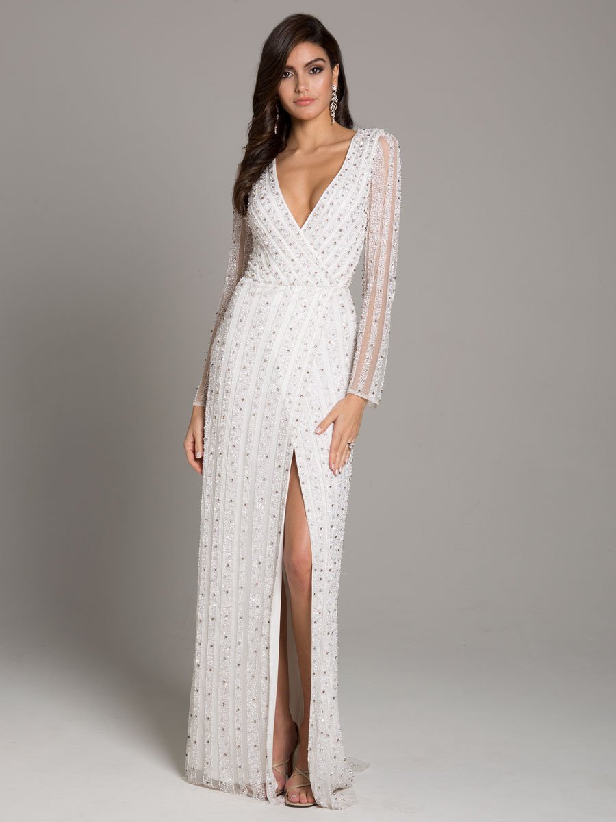 Lara Blair Long-Sleeve Beaded Surplice Sheath Gown by Lara New York