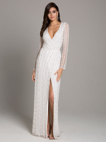 Lara Blair Long-Sleeve Beaded Surplice Sheath Gown by Lara New York