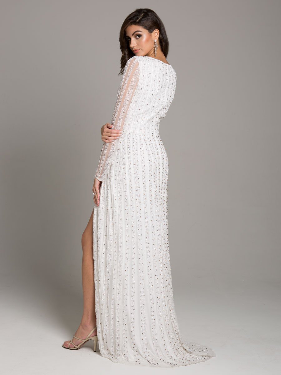 Lara Blair Long-Sleeve Beaded Surplice Sheath Gown by Lara New York
