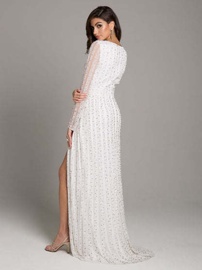 Lara Blair Long-Sleeve Beaded Surplice Sheath Gown by Lara New York