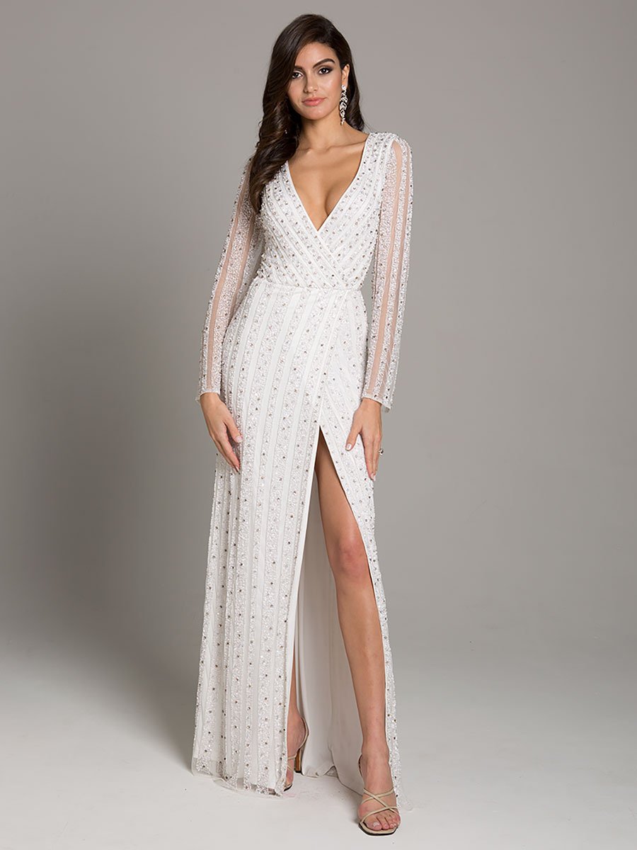 Lara Blair Long-Sleeve Beaded Surplice Sheath Gown by Lara New York